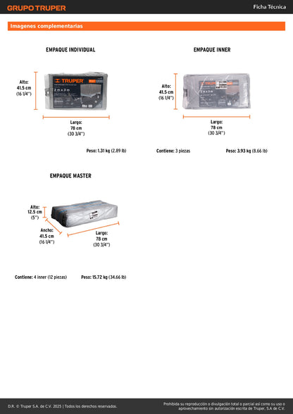 Lona Polietileno Reforzada 2x3m TRUPER LT-23 - Protección UV Resistente Intemperie Gris 180g/m2