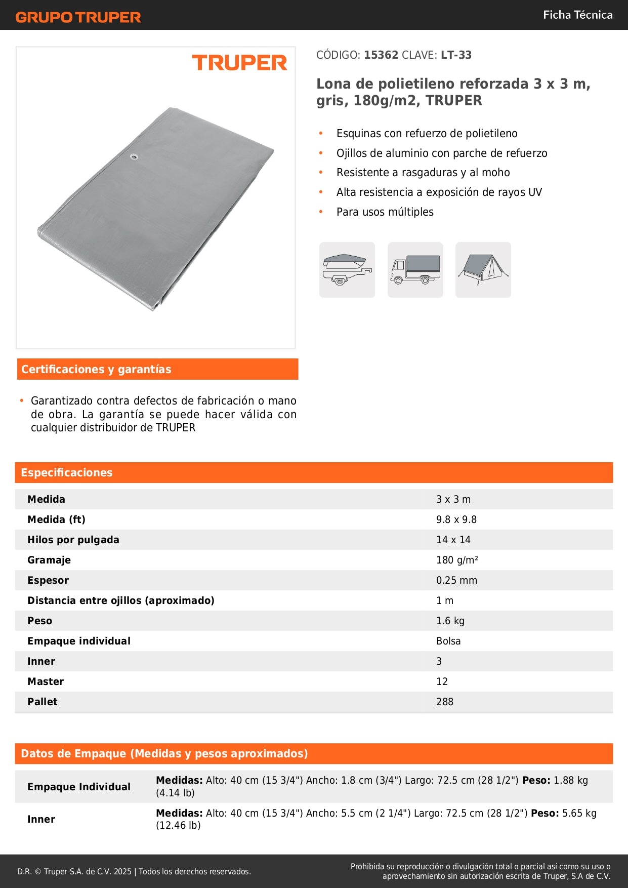 Lona Polietileno Reforzada 3x3m TRUPER LT-33 - Protección UV Resistente Rasgaduras Gris 180g/m2