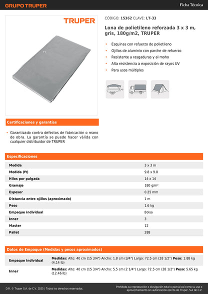 Lona Polietileno Reforzada 3x3m TRUPER LT-33 - Protección UV Resistente Rasgaduras Gris 180g/m2