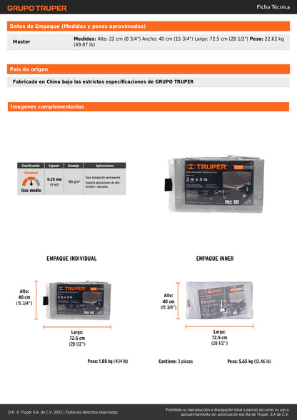 Lona Polietileno Reforzada 3x3m TRUPER LT-33 - Protección UV Resistente Rasgaduras Gris 180g/m2