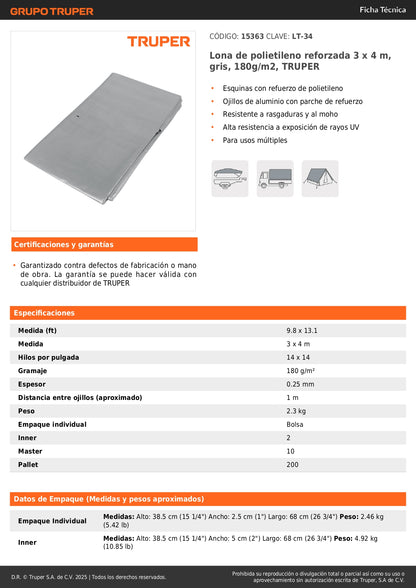Lona Polietileno Reforzada 3x4m TRUPER LT-34 - Protección UV Resistente Rasgaduras Gris 180g/m2 Ojillos Aluminio