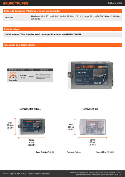 Lona Polietileno Reforzada 3x4m TRUPER LT-34 - Protección UV Resistente Rasgaduras Gris 180g/m2 Ojillos Aluminio