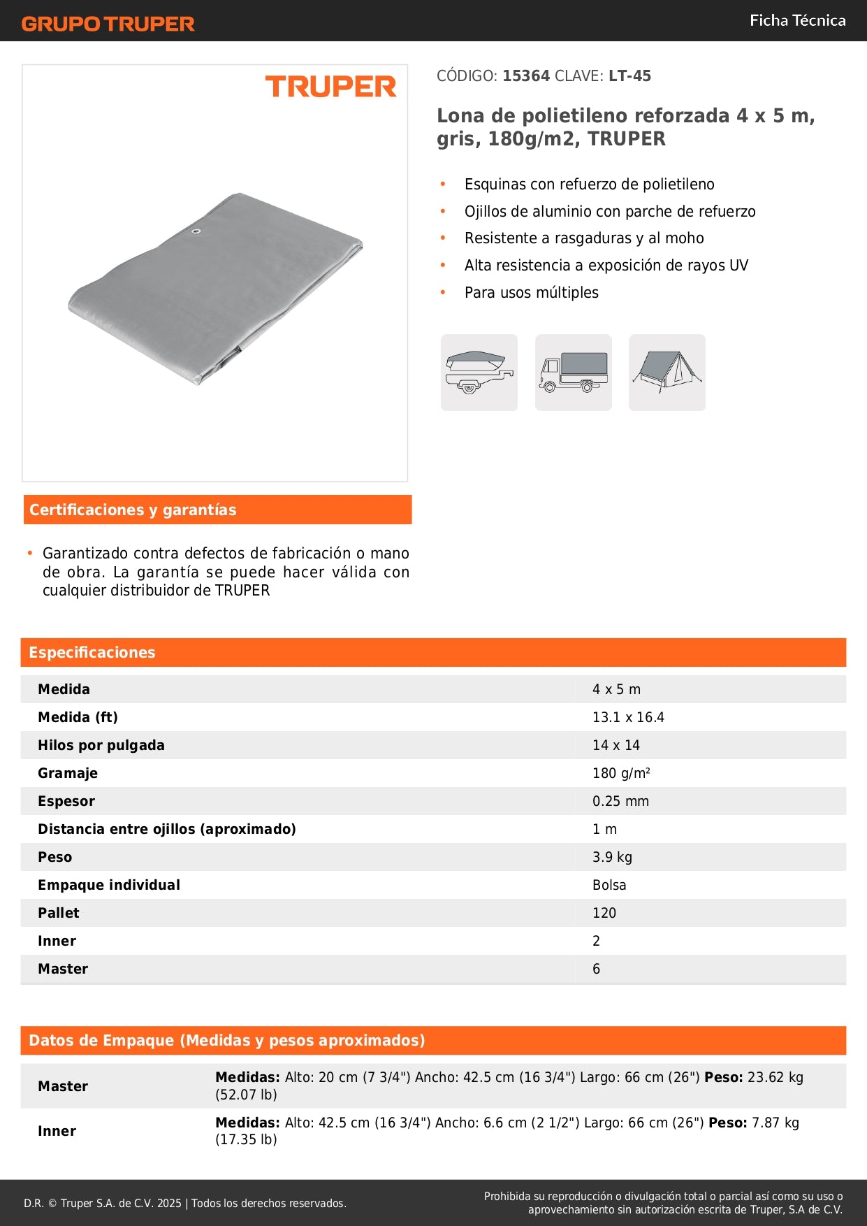 Lona Polietileno Reforzada 4x5m Gris 180g/m² Anti-UV Resistente Rasgaduras - TRUPER LT-45