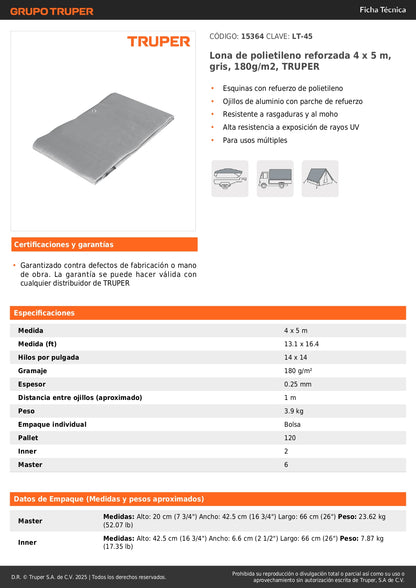 Lona Polietileno Reforzada 4x5m Gris 180g/m² Anti-UV Resistente Rasgaduras - TRUPER LT-45