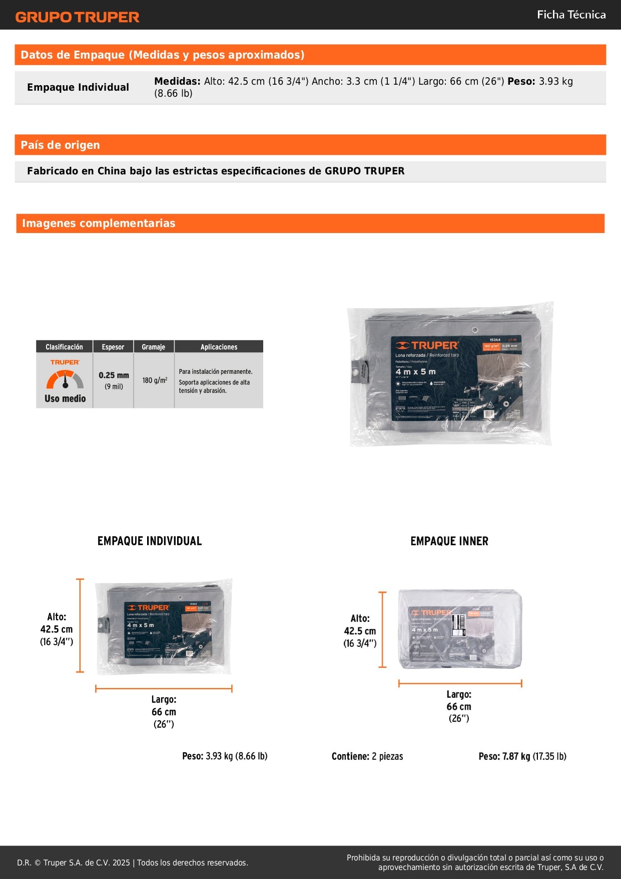 Lona Polietileno Reforzada 4x5m Gris 180g/m² Anti-UV Resistente Rasgaduras - TRUPER LT-45