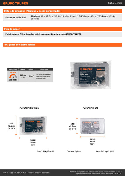 Lona Polietileno Reforzada 4x5m Gris 180g/m² Anti-UV Resistente Rasgaduras - TRUPER LT-45
