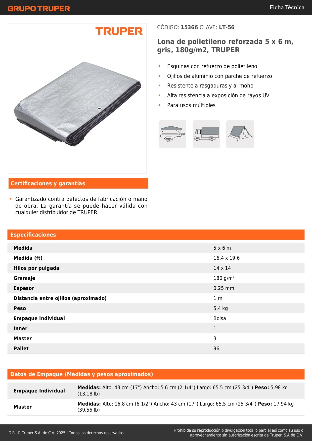 Lona de Polietileno Reforzada TRUPER 5x6m Gris 180g/m² - Protección UV Resistente a Rasgaduras y Moho para Exteriores