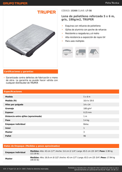 Lona de Polietileno Reforzada TRUPER 5x6m Gris 180g/m² - Protección UV Resistente a Rasgaduras y Moho para Exteriores