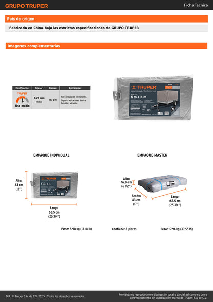 Lona de Polietileno Reforzada TRUPER 5x6m Gris 180g/m² - Protección UV Resistente a Rasgaduras y Moho para Exteriores