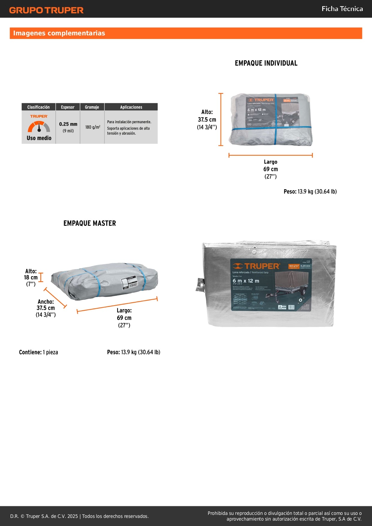 Lona Polietileno Reforzada 6x12m TRUPER LT-612 - Protección UV Resistente Rasgaduras Gris 180g/m2 Anti-Moho