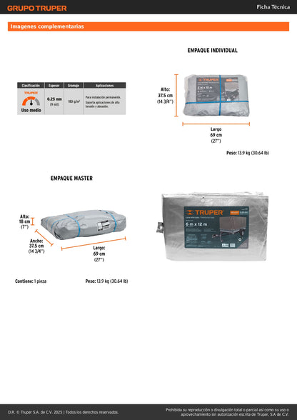 Lona Polietileno Reforzada 6x12m TRUPER LT-612 - Protección UV Resistente Rasgaduras Gris 180g/m2 Anti-Moho