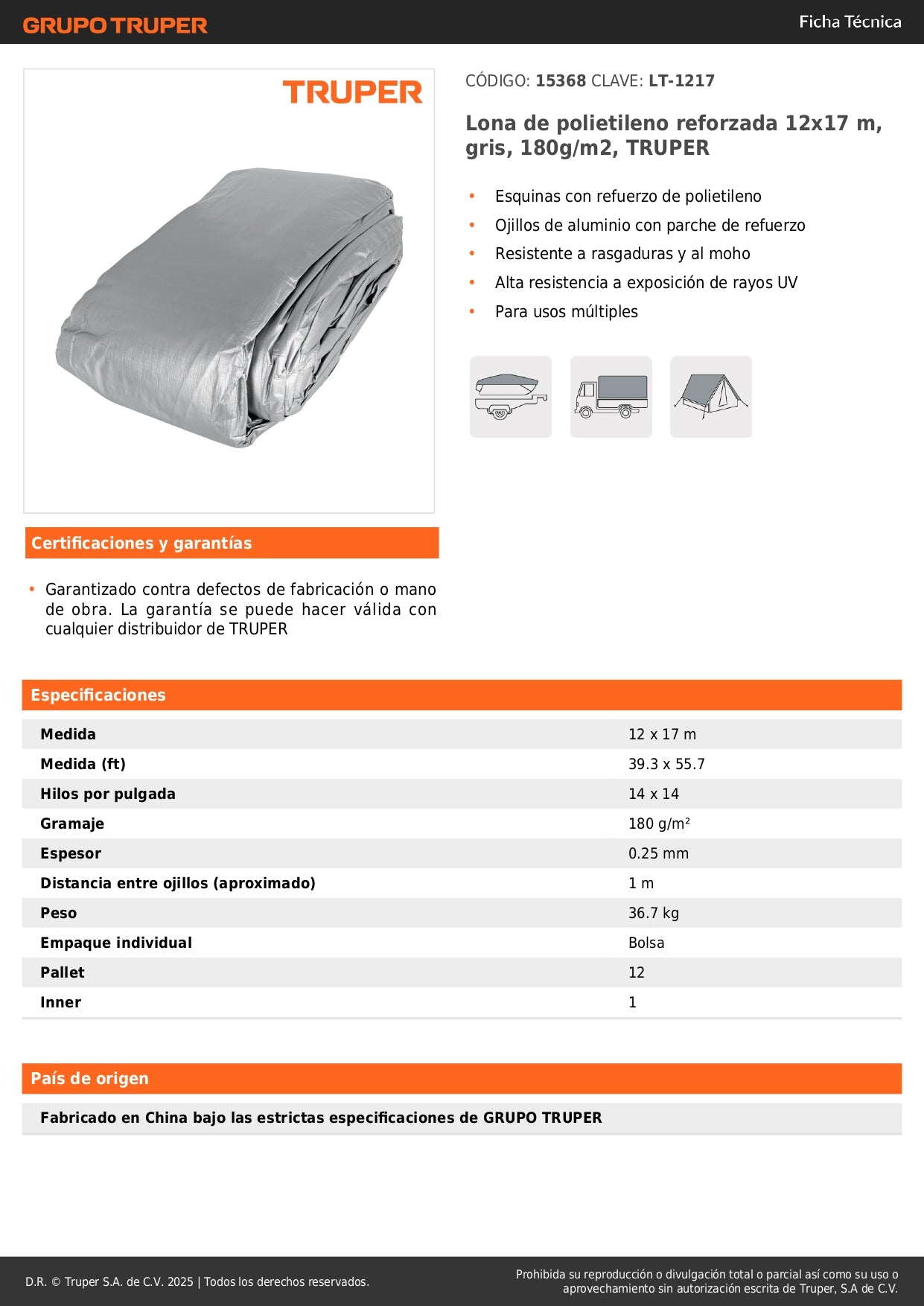 Lona Polietileno Reforzada 12x17m TRUPER LT-1217 - Protección UV Resistente Rasgaduras Gris 180g/m2 Ojillos Aluminio