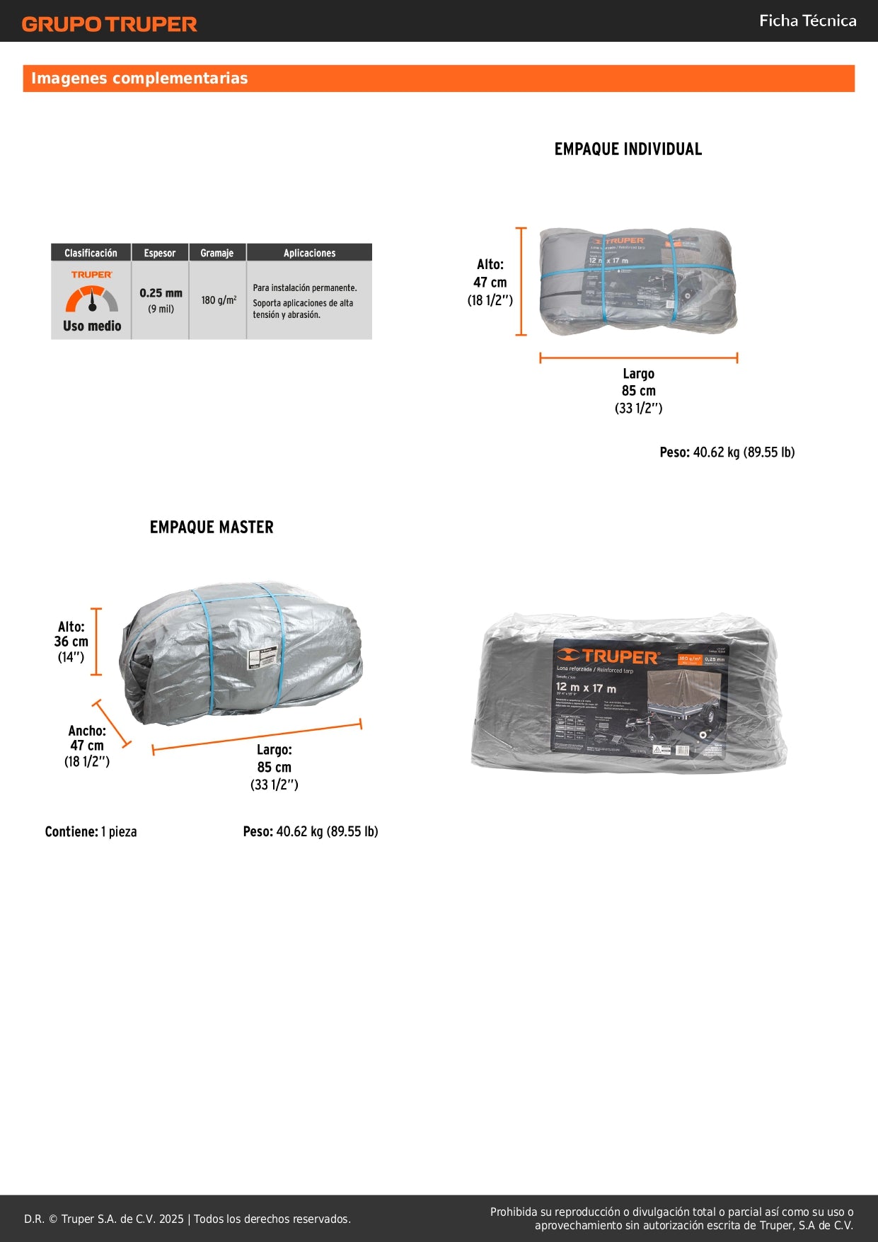 Lona Polietileno Reforzada 12x17m TRUPER LT-1217 - Protección UV Resistente Rasgaduras Gris 180g/m2 Ojillos Aluminio