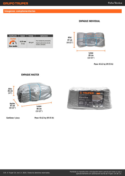 Lona Polietileno Reforzada 12x17m TRUPER LT-1217 - Protección UV Resistente Rasgaduras Gris 180g/m2 Ojillos Aluminio