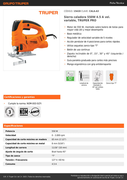 Sierra Caladora Profesional TRUPER PRO 550W Variable - Cortes Precisos Madera Metal - CALA-A3