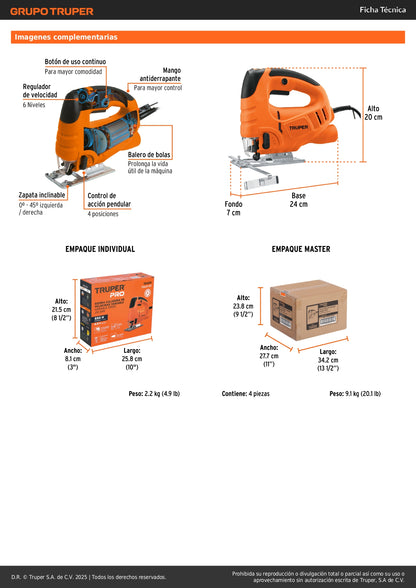 Sierra Caladora Profesional TRUPER PRO 550W Variable - Cortes Precisos Madera Metal - CALA-A3