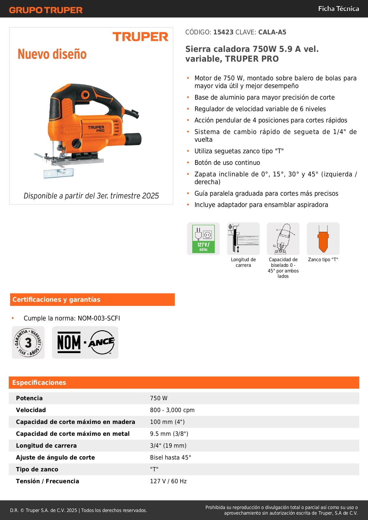 Sierra Caladora TRUPER PRO 750W Velocidad Variable - Cortes Precisos Madera Metal Plástico - Motor 5.9A Base Aluminio Sistema Pendular