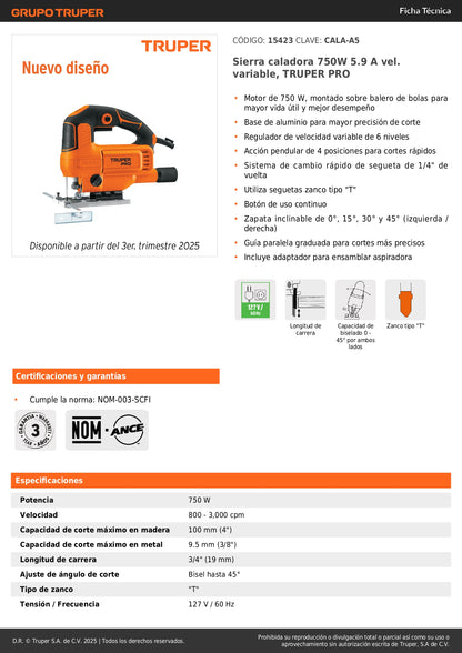 Sierra Caladora TRUPER PRO 750W Velocidad Variable - Cortes Precisos Madera Metal Plástico - Motor 5.9A Base Aluminio Sistema Pendular