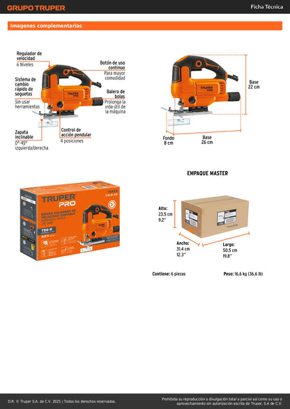 Sierra Caladora TRUPER PRO 750W Velocidad Variable - Cortes Precisos Madera Metal Plástico - Motor 5.9A Base Aluminio Sistema Pendular