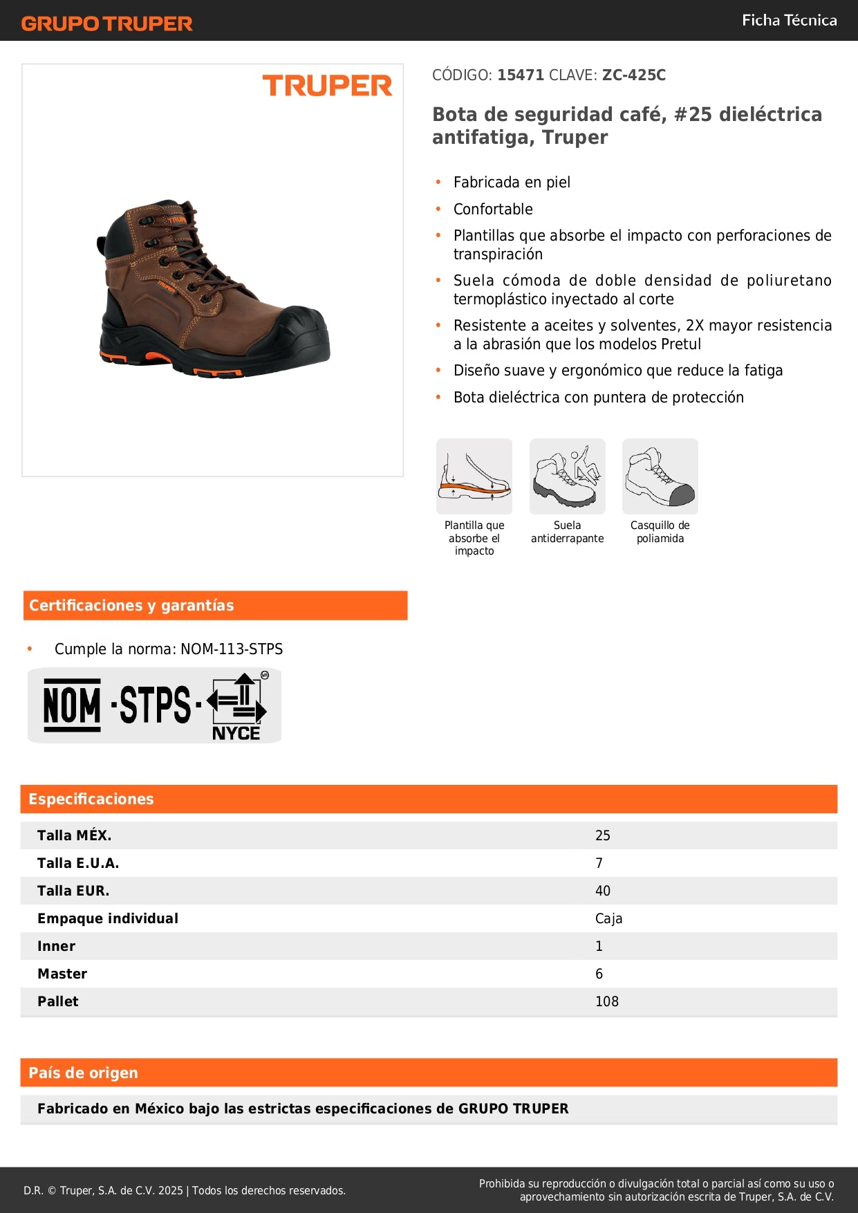 Bota de Seguridad Dieléctrica Truper ZC-425C #25 Café - Antifatiga con Puntera de Protección, Resistente a Aceites y Solventes - Calzado Industrial de Piel para Trabajadores