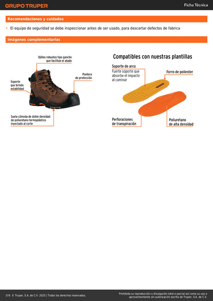 Bota de Seguridad Dieléctrica Truper ZC-426C #26 Café - Antifatiga con Puntera de Protección, Resistente a Aceites y Solventes - Calzado Industrial de Piel para Trabajadores