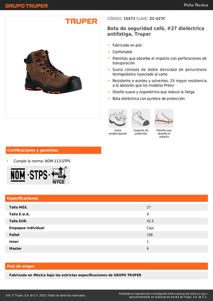 Bota de Seguridad Dieléctrica Truper ZC-427C #27 Café - Antifatiga con Puntera de Protección, Resistente a Aceites y Solventes - Calzado Industrial de Piel para Trabajadores
