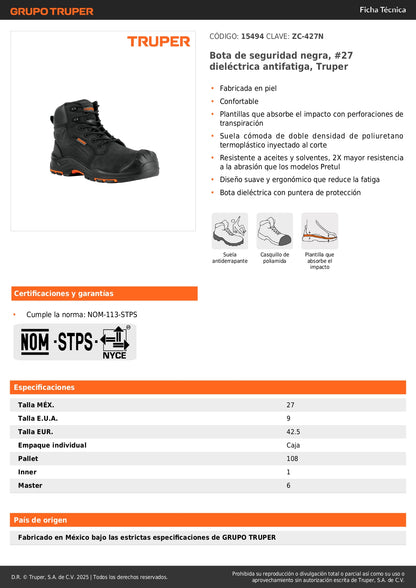 Bota de Seguridad Dieléctrica Antifatiga Truper ZC-427N #27 - Protección Profesional contra Riesgos Eléctricos y Fatiga Laboral - Piel Resistente a Aceites con Puntera de Seguridad