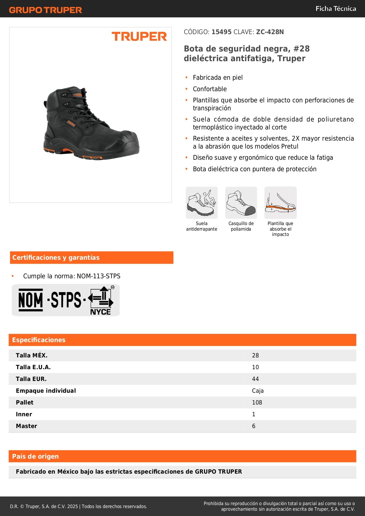 Bota de Seguridad Dieléctrica Antifatiga Truper ZC-428N #28 - Protección Profesional contra Riesgos Eléctricos y Fatiga Laboral - Piel Resistente a Aceites