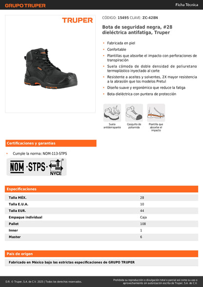 Bota de Seguridad Dieléctrica Antifatiga Truper ZC-428N #28 - Protección Profesional contra Riesgos Eléctricos y Fatiga Laboral - Piel Resistente a Aceites