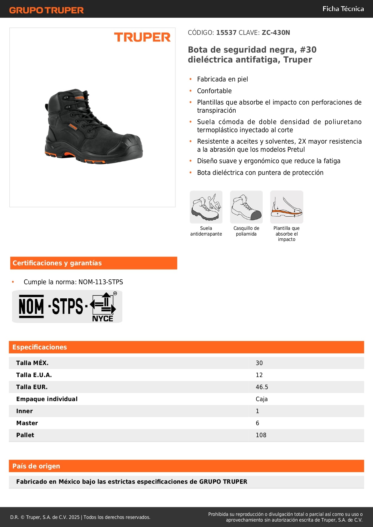 Bota de Seguridad Dieléctrica Antifatiga ZC-430N #30 Truper - Protección Laboral Contra Riesgos Eléctricos y Fatiga - Piel Resistente a Aceites con Suela Doble Densidad
