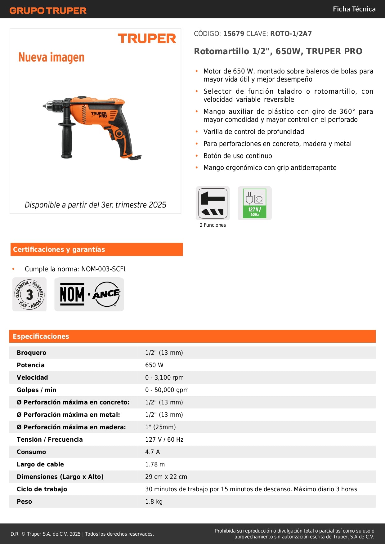 Rotomartillo TRUPER PRO 1/2" 650W - Taladro Percutor Profesional con Velocidad Variable