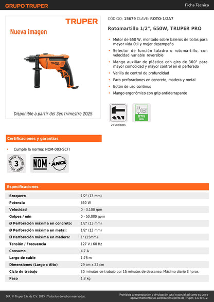 Rotomartillo TRUPER PRO 1/2" 650W - Taladro Percutor Profesional con Velocidad Variable