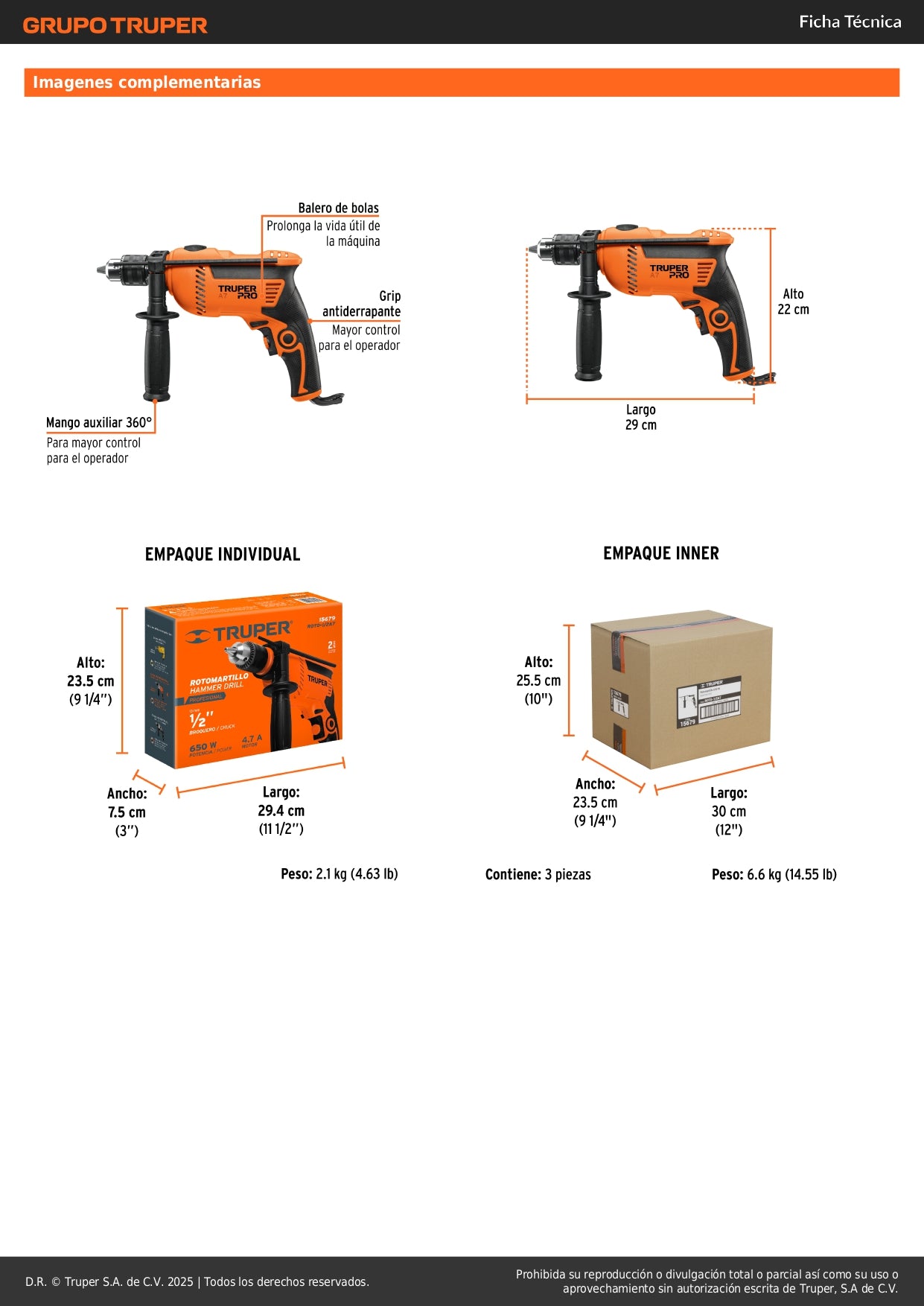 Rotomartillo TRUPER PRO 1/2" 650W - Taladro Percutor Profesional con Velocidad Variable