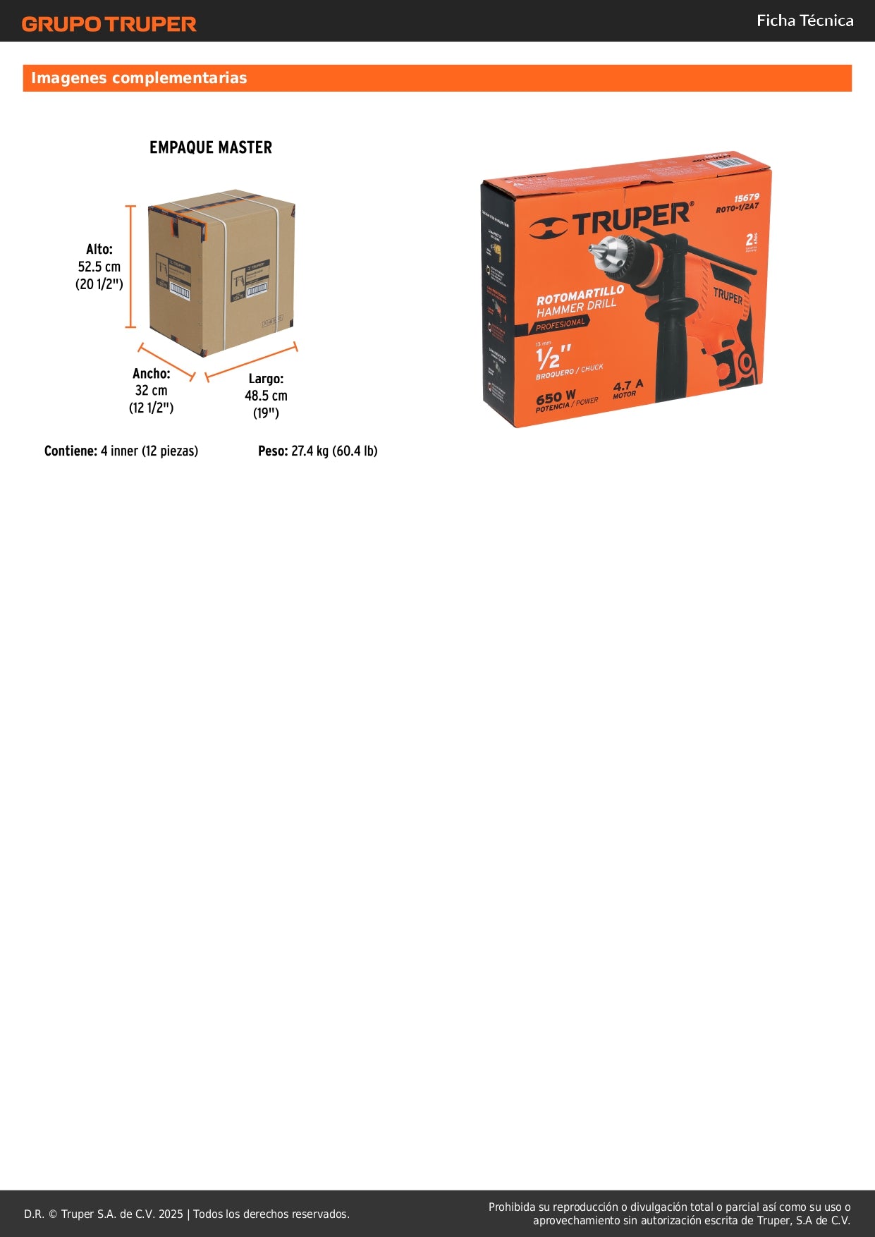 Rotomartillo TRUPER PRO 1/2" 650W - Taladro Percutor Profesional con Velocidad Variable