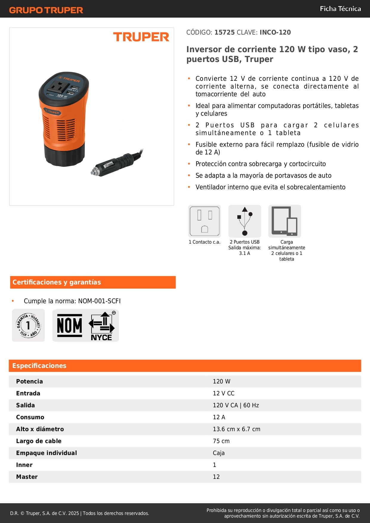 Inversor de Corriente 120W TRUPER INCO-120 - Convierte 12V a 120V para Auto con 2 Puertos USB - Solución Portátil para Cargar Laptop, Tablet y Celular en Viajes