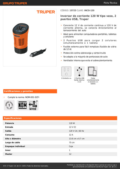 Inversor de Corriente 120W TRUPER INCO-120 - Convierte 12V a 120V para Auto con 2 Puertos USB - Solución Portátil para Cargar Laptop, Tablet y Celular en Viajes