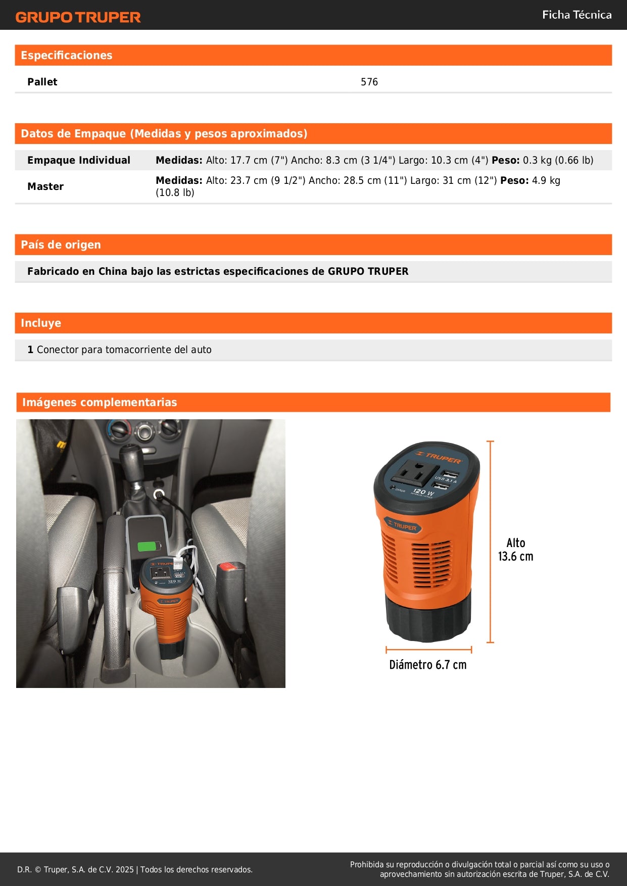 Inversor de Corriente 120W TRUPER INCO-120 - Convierte 12V a 120V para Auto con 2 Puertos USB - Solución Portátil para Cargar Laptop, Tablet y Celular en Viajes