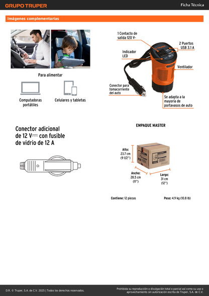 Inversor de Corriente 120W TRUPER INCO-120 - Convierte 12V a 120V para Auto con 2 Puertos USB - Solución Portátil para Cargar Laptop, Tablet y Celular en Viajes