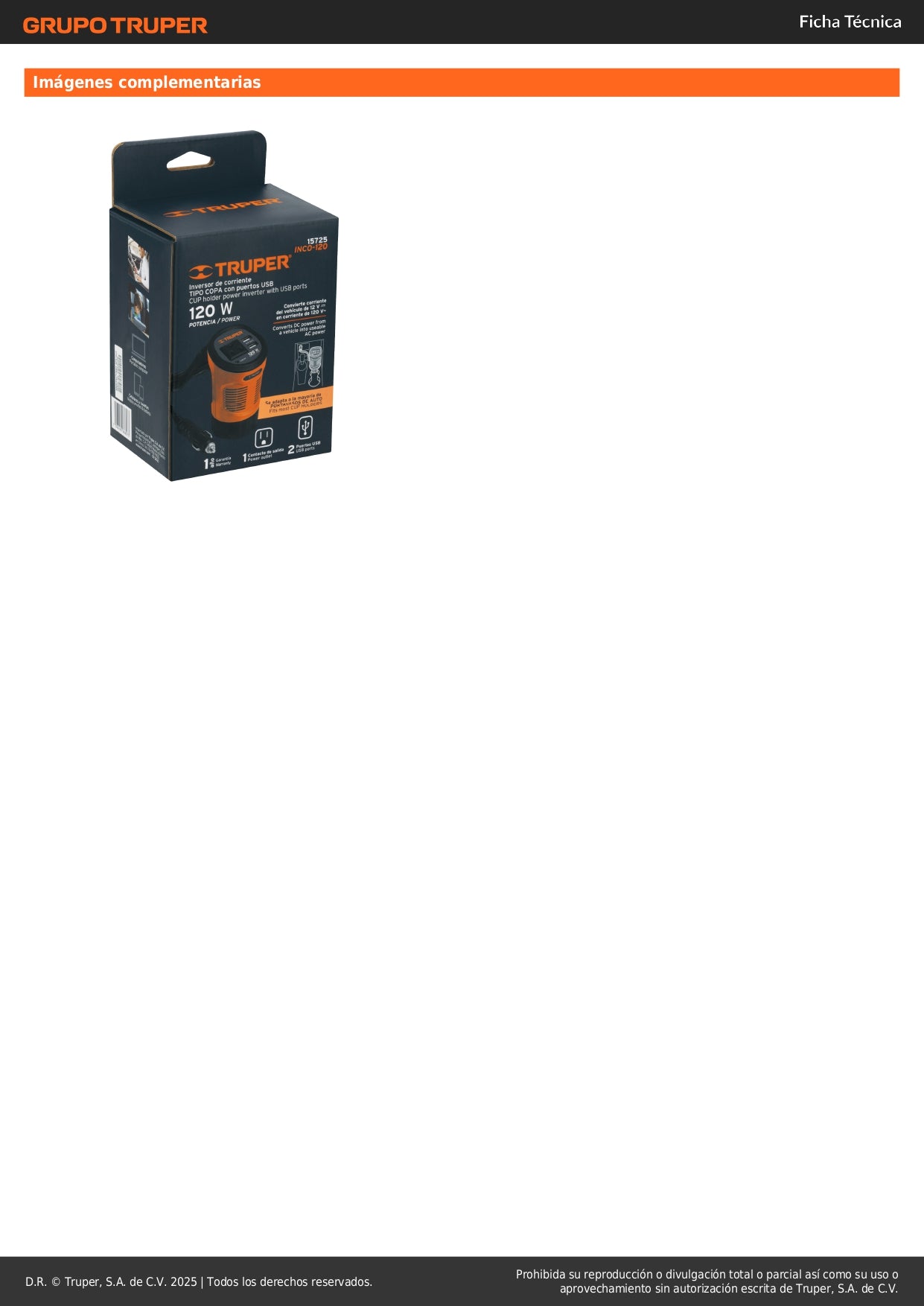 Inversor de Corriente 120W TRUPER INCO-120 - Convierte 12V a 120V para Auto con 2 Puertos USB - Solución Portátil para Cargar Laptop, Tablet y Celular en Viajes