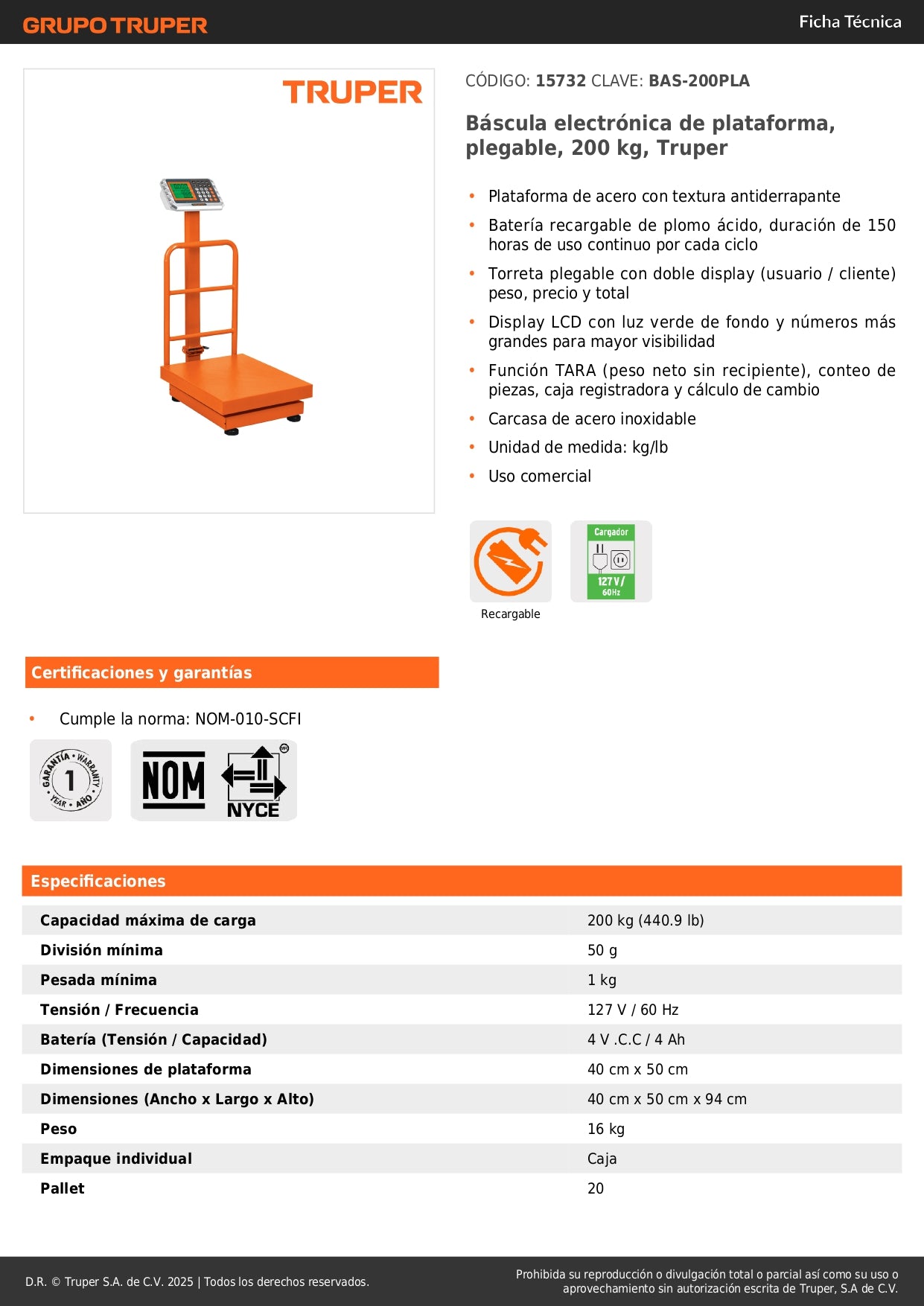 Báscula Electrónica Comercial Plegable 200kg BAS-200PLA Truper - Doble Display LCD, Batería 150hrs, Plataforma Antiderrapante