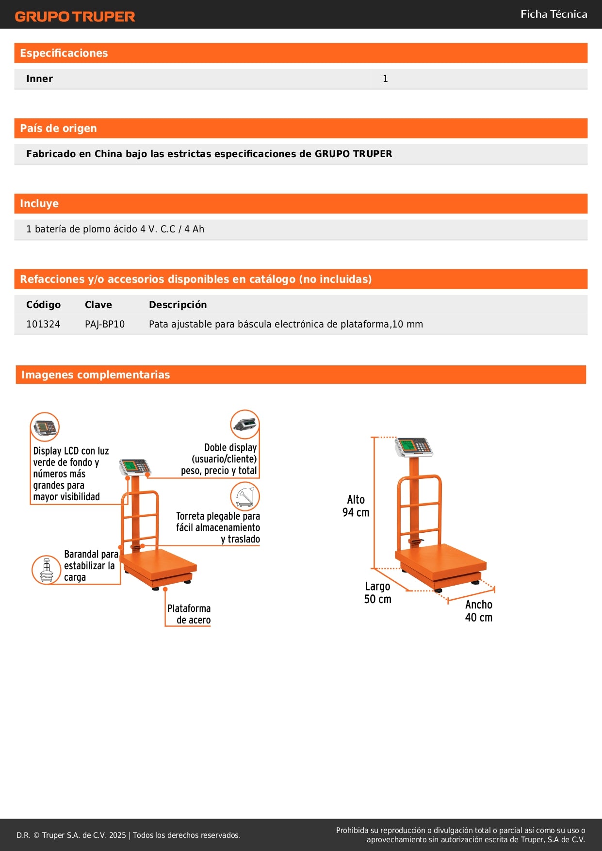 Báscula Electrónica Comercial Plegable 200kg BAS-200PLA Truper - Doble Display LCD, Batería 150hrs, Plataforma Antiderrapante