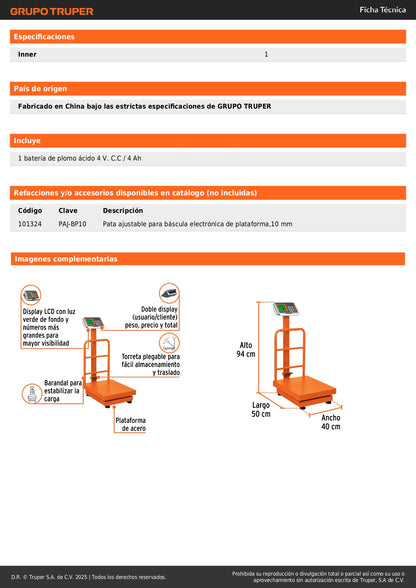 Báscula Electrónica Comercial Plegable 200kg BAS-200PLA Truper - Doble Display LCD, Batería 150hrs, Plataforma Antiderrapante