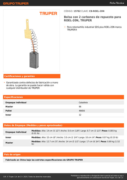 Bolsa con 2 carbones de repuesto para ROEL-20N, TRUPER