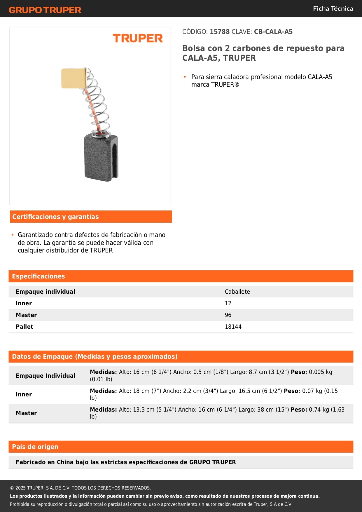 Bolsa con 2 carbones de repuesto para CALA-A5, TRUPER