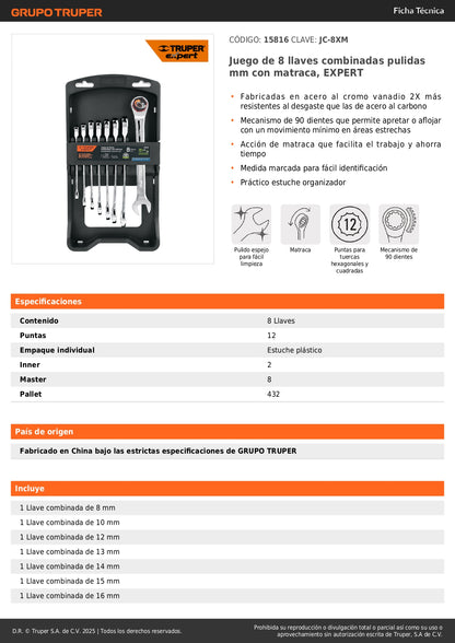 Juego 8 Llaves Combinadas con Matraca JC-8XM EXPERT - Acero Cromo Vanadio 90 Dientes - Solución Profesional para Espacios Reducidos