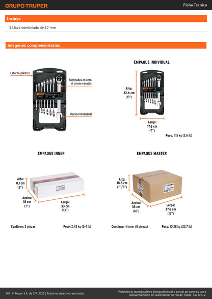 Juego 8 Llaves Combinadas con Matraca JC-8XM EXPERT - Acero Cromo Vanadio 90 Dientes - Solución Profesional para Espacios Reducidos