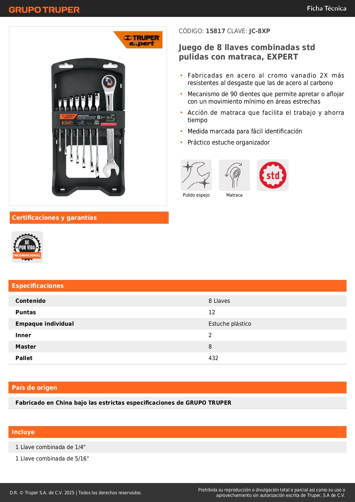 Juego 8 Llaves Combinadas con Matraca JC-8XP Expert - Acero Cromo Vanadio 90 Dientes - Solución Profesional para Espacios Reducidos