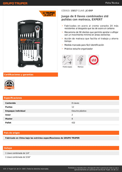 Juego 8 Llaves Combinadas con Matraca JC-8XP Expert - Acero Cromo Vanadio 90 Dientes - Solución Profesional para Espacios Reducidos