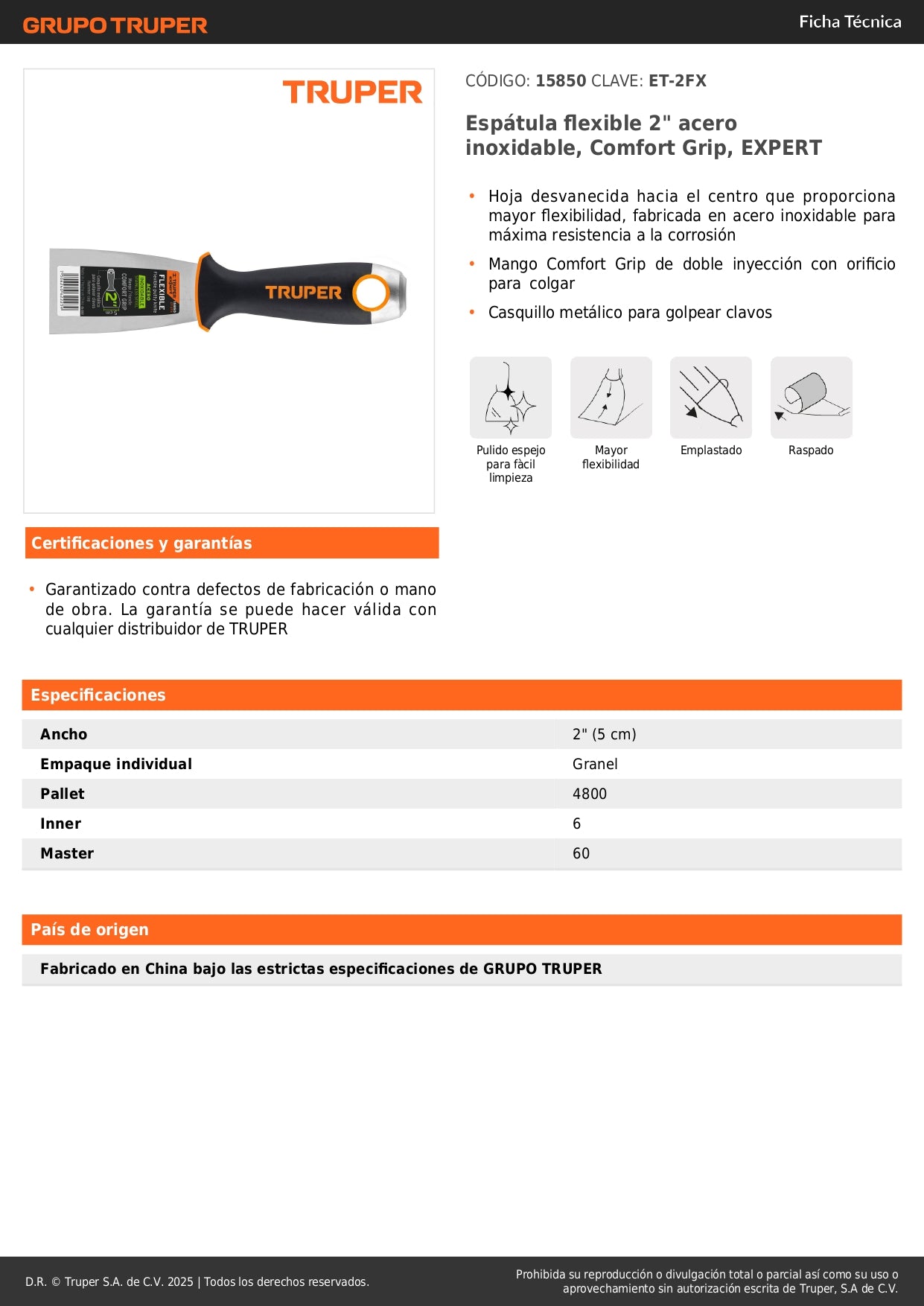 Espátula Flexible 2 Pulgadas ET-2FX Acero Inoxidable Anticorrosión - Comfort Grip Expert para Aplicación Precisa de Masilla y Pintura