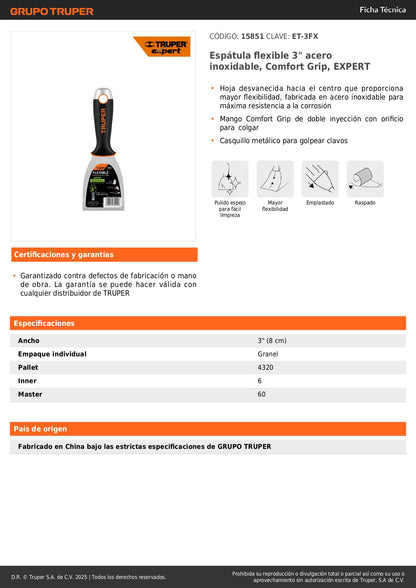 Espátula Flexible 3 Pulgadas ET-3FX Acero Inoxidable EXPERT - Solución Profesional para Trabajos de Precisión y Acabados Perfectos